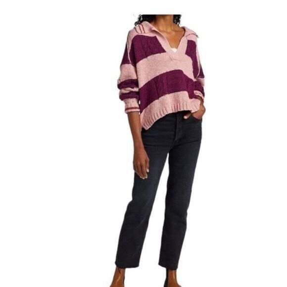 ✨Free People Pembrook Sz Medium Sweater in Moody Pink Combo Striped Cotton✨ - Picture 2 of 12